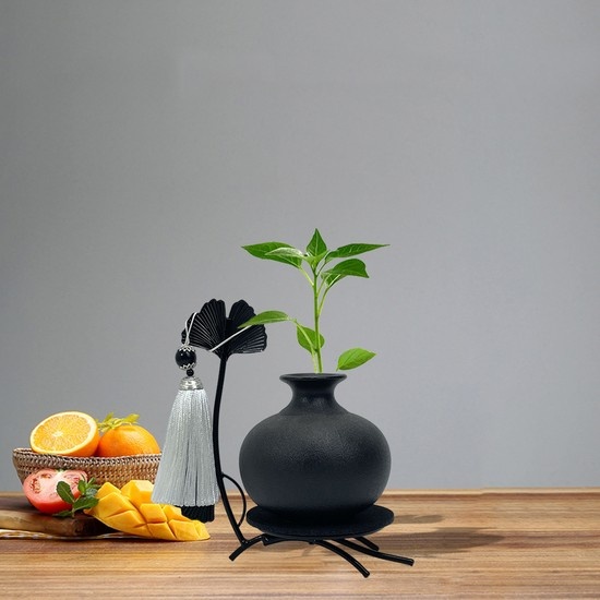 Black Ceramic Vases for Flowers Small Bud Vases,Matte Finish Vases for Decor with Metal Bracket for rustic home decor