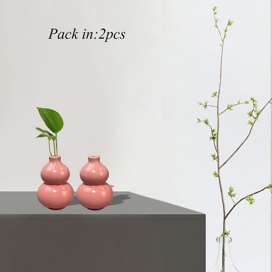 2PCS Pink Ceramic Vases Flower Vases for Decor Small Modern Bud Vase Kitchen decor Gourd Design for Table Centerpiece (Pink)
