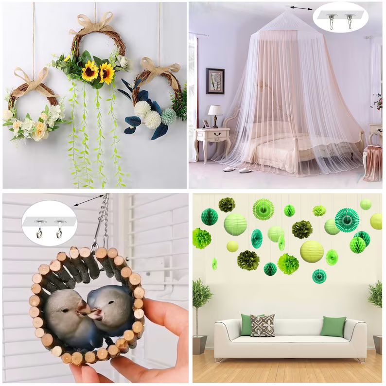 Adhesive Ceiling Hooks,Damage Free Ceiling Mounted Hooks Transparent Wall  Sticky Safety Buckle for Hanging Wind Chime Lights Decorations