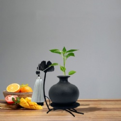 Black Ceramic Vases for Flowers Small Bud Vases,Matte Finish Vases for Decor with Metal Bracket for rustic home decor