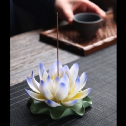 Incense Holders for Sticks,Ceramic Handicraft Blue Lotus Flower Incense Burner,Ash Catcher Tray Ceremony Set,Home Decor,Yoga,Spa,Meditation (Blue)